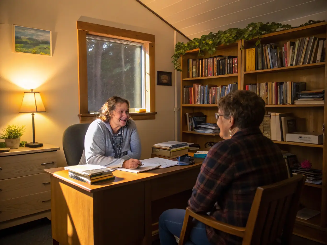 A photograph showcasing a young adult receiving one-on-one mentoring and guidance from a supportive staff member in a quiet and comfortable setting within the supported accommodation.