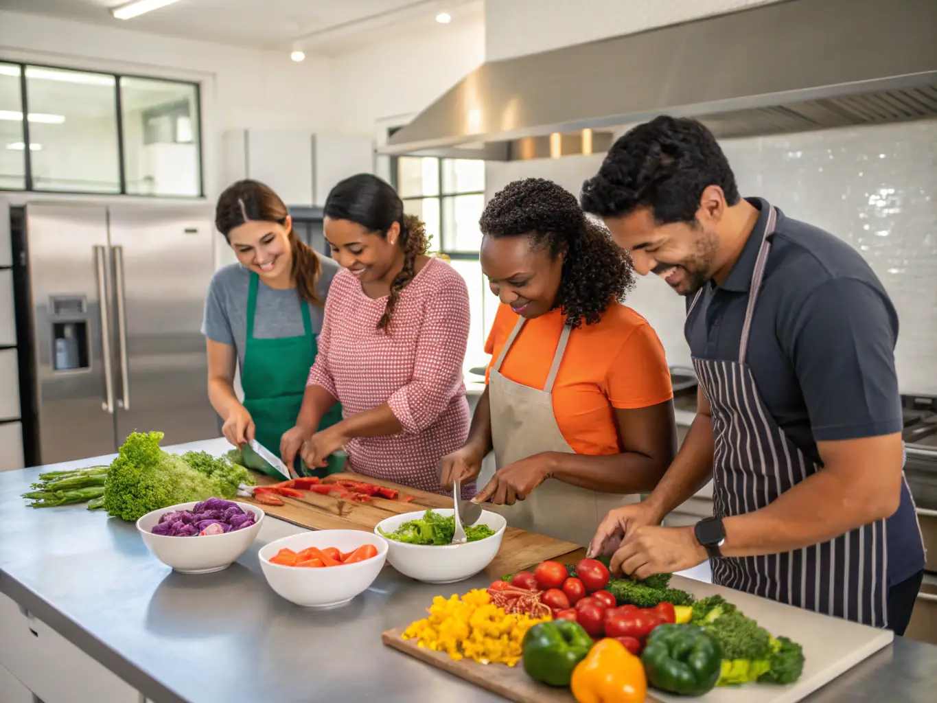 A photograph of a group of young adults participating in a cooking class in a modern, well-equipped kitchen within a supported accommodation facility. The atmosphere is friendly and supportive, with an instructor guiding them.