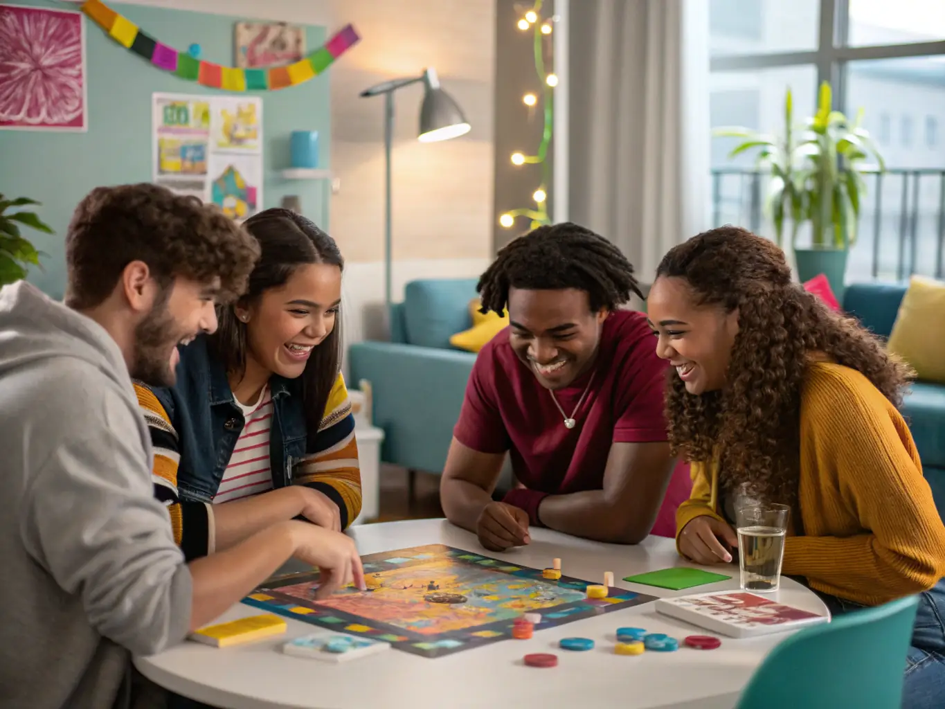 An image depicting a cozy and inviting communal living space in a supported accommodation setting, with young adults engaged in a group activity, such as playing board games or watching a movie.